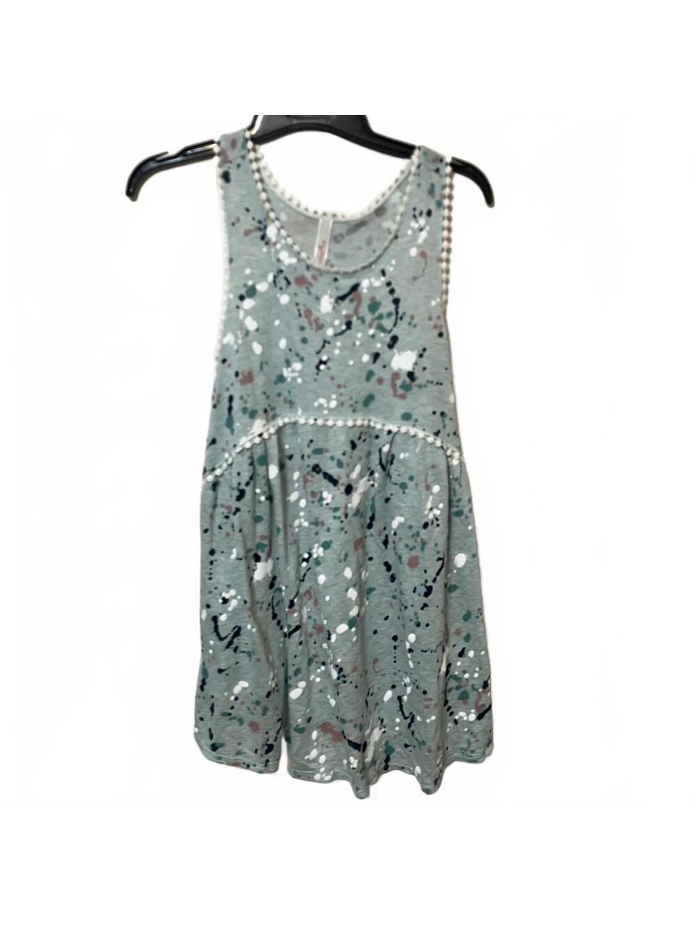 My Story Whimsical Sleeveless Paint Splatter Artsy Pom Pom Trip Tunic Large